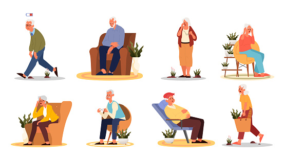 Tired and sleepy old man and woman. Eldery people with lack of energy. Grandmother and grandfather sitting in armchair or standing and feeling weak. Vector illustration in cartoon style