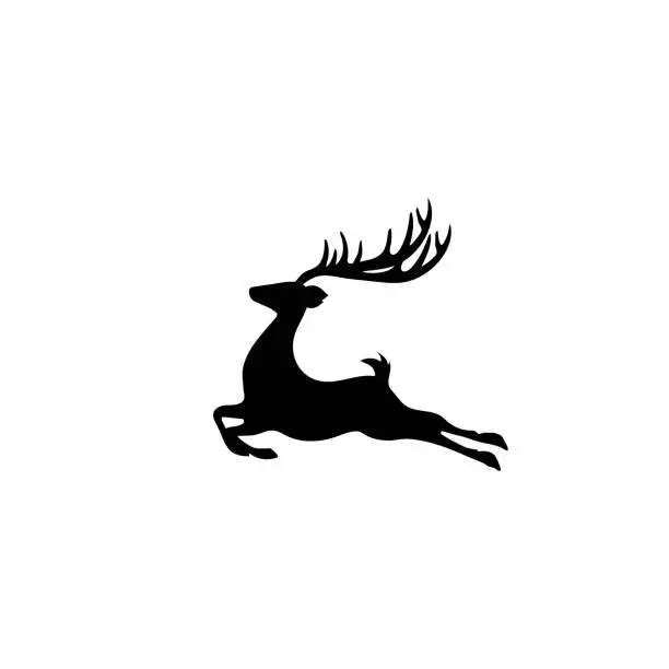 Vector illustration of Vector black silhouette of a deer running, jumping isolated on white background