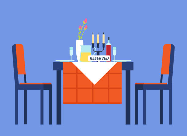 Reserved table. Restaurant table with tablecloth, wineglasses, dinnerware two chair for romantic dinner. Cartoon vector illustration Reserved table. Restaurant table with tablecloth, wineglasses, dinnerware two chair for romantic dinner. Cartoon vector illustration. Reserve individuality table with candle and dinner banquet chairs stock illustrations
