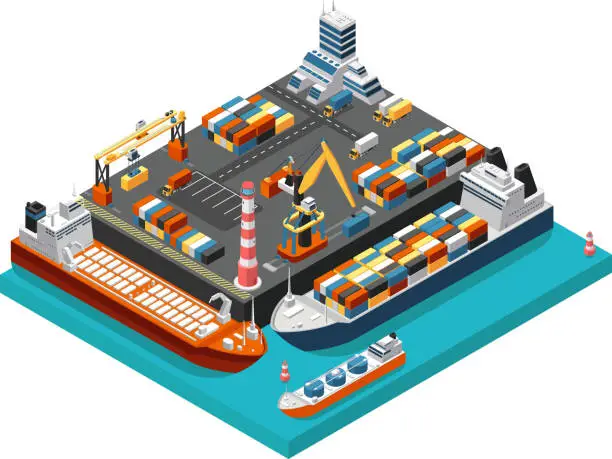 Vector illustration of Isometric 3d seaport terminal with cargo ships, cranes and containers in harbor aerial view. Shipping industry vector concept