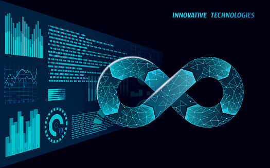 Devops software development operations infinity symbol. Programmer administration HUd display system. Coding building testing release monitoring. Online freelance vector illustration.