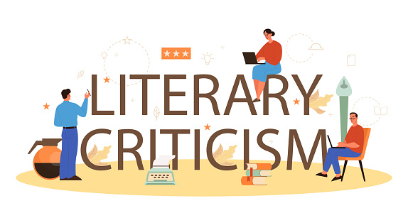 Professional literary criticism typographic header concept. Journalist making review and ranking literature. Creative hobby or profession. Flat vector illustration