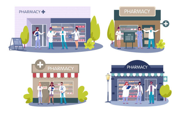 Modern pharmacy building exterior. Professional medicine worker vector art illustration