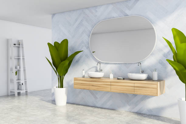 istock White wooden bathroom corner with double sink 1257185912