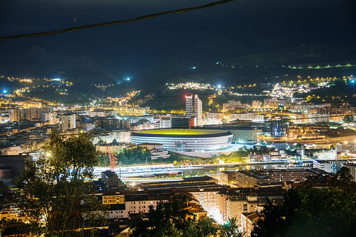 Bilbao, Spain. 15 July, 2020 - The San Mames stadium, home of the Athletic de Bilbao soccer club, illuminated at night in Bilbao, Spain
