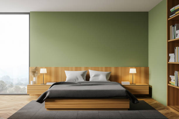 istock Green master bedroom interior with bookcase 1257186160