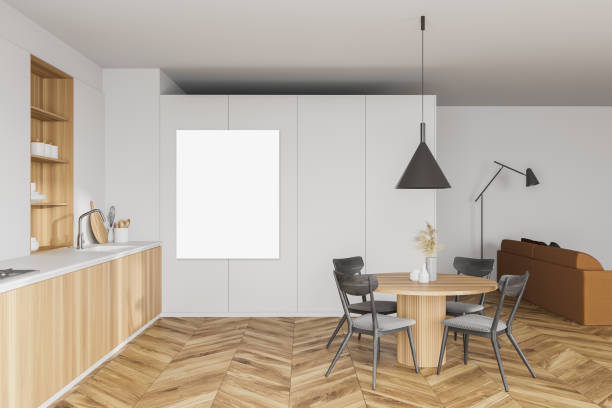 istock White kitchen and living room with poster 1257186336