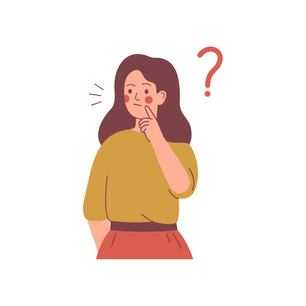 ilustrações de stock, clip art, desenhos animados e ícones de young girl doubts and has a question. flat cartoon vector illustration. - question mark asking problems thinking