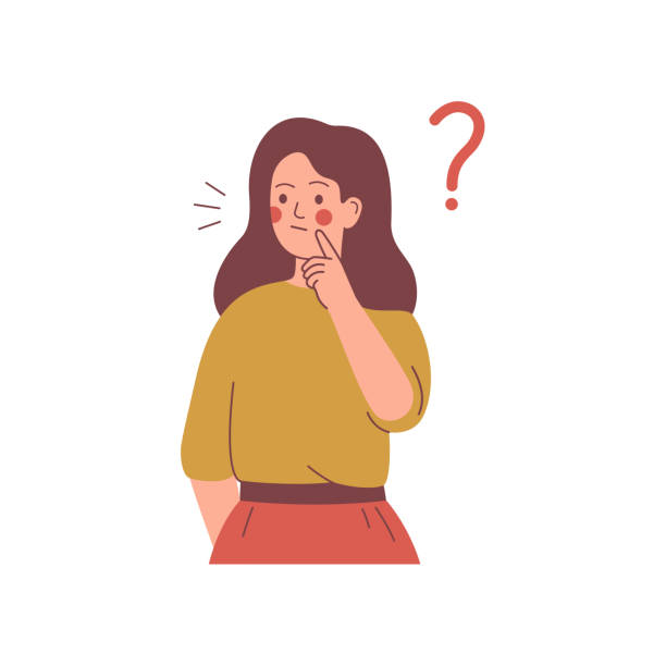 Young girl doubts and has a question. Flat cartoon vector illustration. Young girl doubts and has a question. woman in casual clothes surrounded by a question mark. Flat cartoon vector illustration. curiosity illustrations stock illustrations