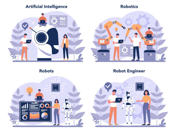 ilustrações de stock, clip art, desenhos animados e ícones de robotics concept set. robot engineering and programming. idea of artificial - artificial intelligence