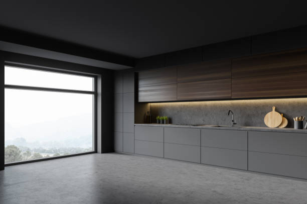 istock Grey kitchen corner with wooden cupboards 1257186960