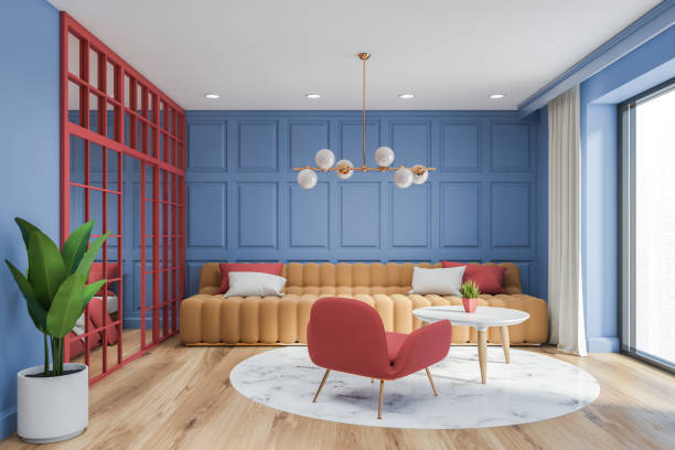 istock Blue living room interior with beige sofa 1257187511