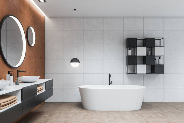 istock White and brown bathroom with sink and tub 1257187690