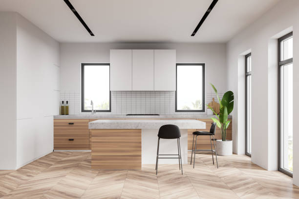 istock White and wooden kitchen interior with bar 1257187737