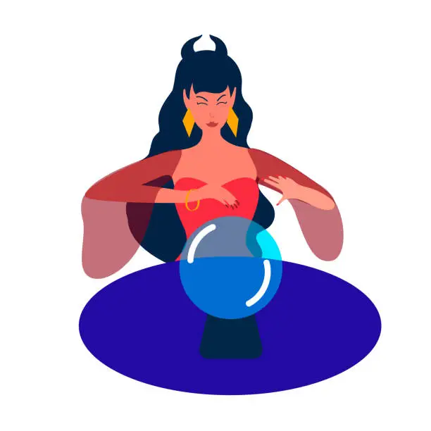Vector illustration of A young woman-an Oracle, a fortune teller, a witch looks at a balloon, predicts the future. Divination, astrology, mysticism, prediction. A Gypsy woman holds a seance.Vector flat illustration in cartoon style