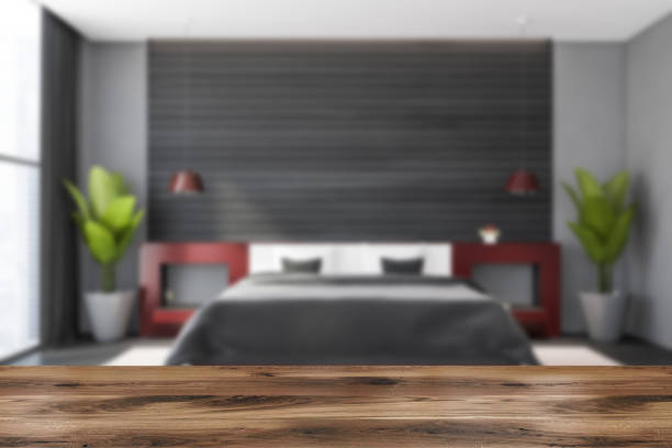 istock Table in blurry grey and wooden bedroom 1257188503