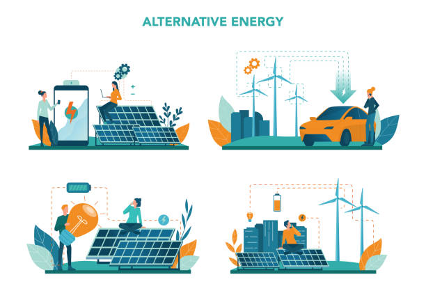 illustrations, cliparts, dessins animés et icônes de ensemble de concept d’énergie alternative. idée de l’écologie friently pouvoir - énergie solaire