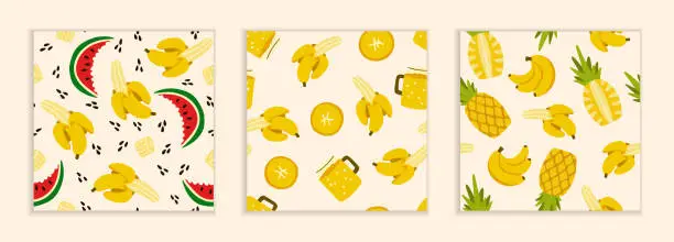 Vector illustration of Yellow bananas and pineapples, red watermelons. Whole juicy fruits and slices. Set of seamless patterns on a beige background. Three drawn patterns in flat style. Summer cheerful cute banner.
