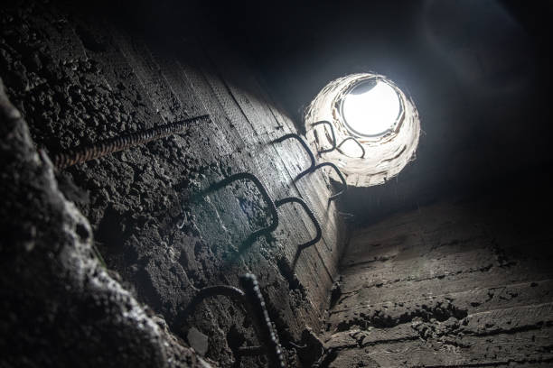 View from the underground communication to the surface through the manhole. Exit to the surface from the drainage through the manhole during rain.