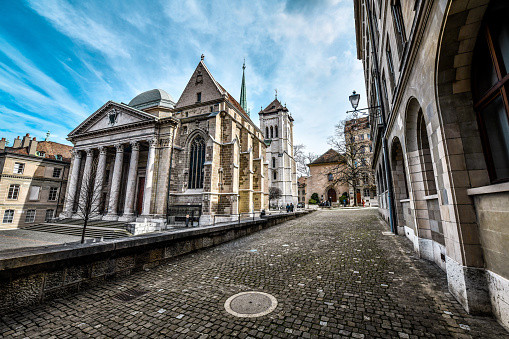 St. Pierre Cathedral Entrance And Alleyway in Geneva, Switzerland
