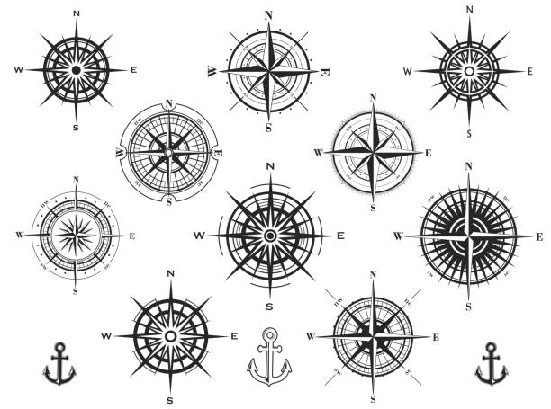 Set of compass roses or wind roses Set of wind roses silhouettes on white background. Compass vector illustrations. compass rose stock illustrations