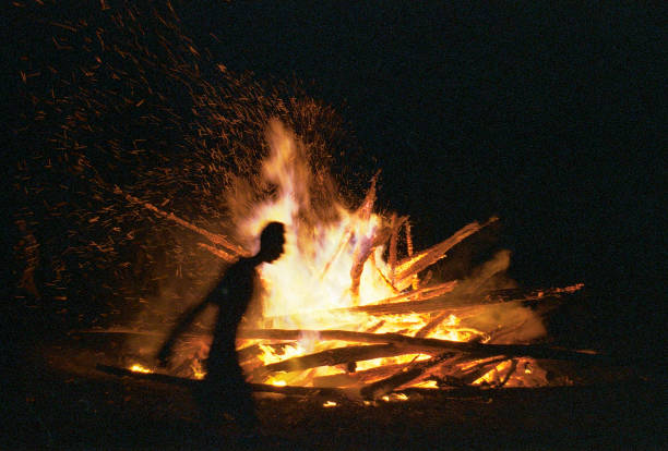 istock Huge bonfire on festival at night 1257191537