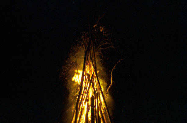 istock Huge bonfire on festival at night 1257191548