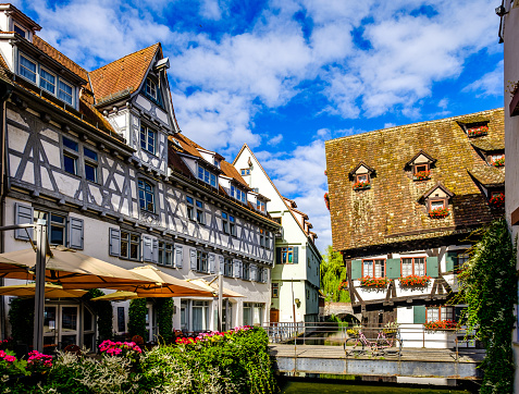 famous historic facades at the old town of Ulm in Germany
