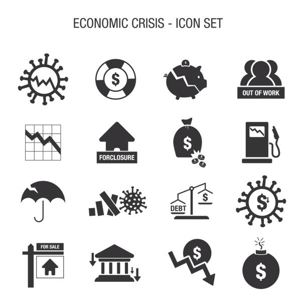 경제 위기 아이콘 세트 - crisis finance debt bank stock illustrations