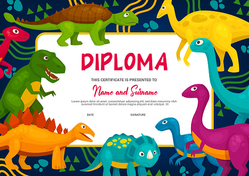 Kids diploma with cartoon dinosaurs, vector template. School or kindergarten graduation, education achievement certificate with cute dinosaurs characters. Tyrannosaurus, brontosaurus and triceratops