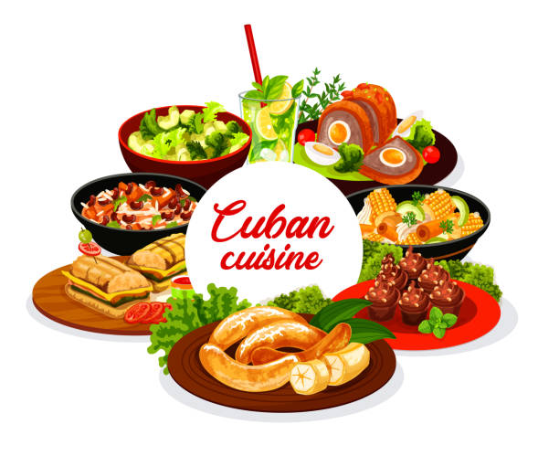 ilustrações de stock, clip art, desenhos animados e ícones de cuban cuisine traditional meals vector banner - cold sandwich illustrations