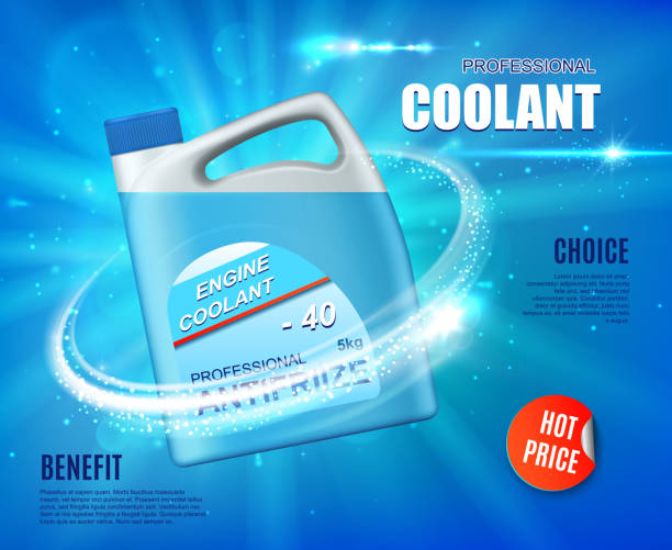 Car engine antifreeze, coolant vector banner Car engine antifreeze, liquid coolant for vehicle internal combustion engine cooling system vector banner. Plastic container with antifreeze in shining sparkles. Car chemistry product coolant stock illustrations