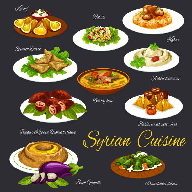 bildbanksillustrationer, clip art samt tecknat material och ikoner med syriska köket restaurang vektor meny - baba ganoush