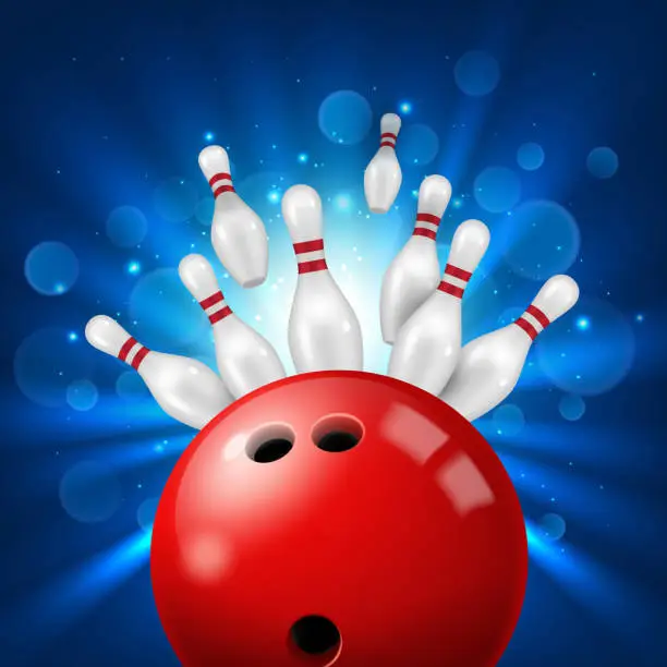 Vector illustration of Bowling ball strike in pins 3d realistic vector
