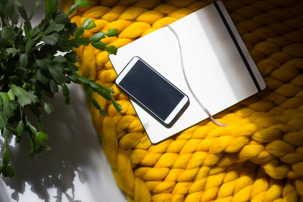 istock Blank open notepad with smartphone in home office on yellow blanket background with green plant 1257193283