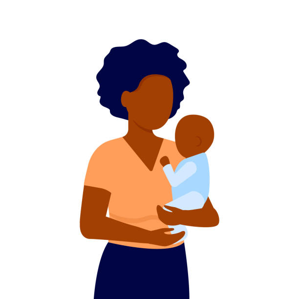 ilustrações de stock, clip art, desenhos animados e ícones de abstract black young mother and baby son. woman holds child in his arms. family communication. mother s day. vector illustration on white background - baby