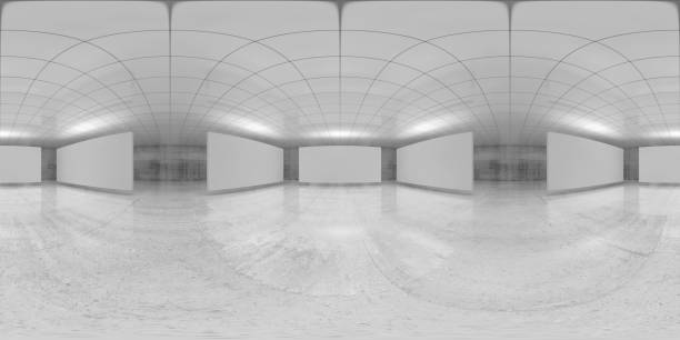 360 degree panorama, empty white hall, 3 d 360 degree spherical seamless vr panorama. Abstract empty white interior with stands installation, HDRI environment map of an exhibition gallery with walls made of concrete. 3d render illustration panoramic stock pictures, royalty-free photos & images