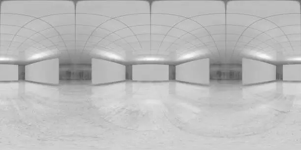 360 degree spherical seamless vr panorama. Abstract empty white interior with stands installation, HDRI environment map of an exhibition gallery with walls made of concrete. 3d render illustration