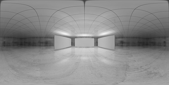 360 degree spherical seamless vr panorama. Abstract empty white interior with three stands installation, HDRI environment map of an exhibition gallery with walls made of concrete. 3d illustration