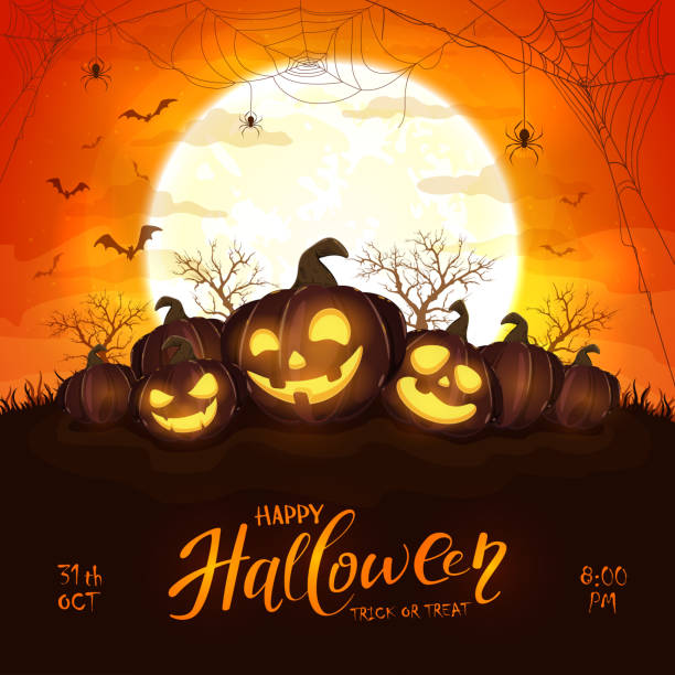 istock Halloween Pumpkins and Spiders on Orange Moon Background 1257195387
