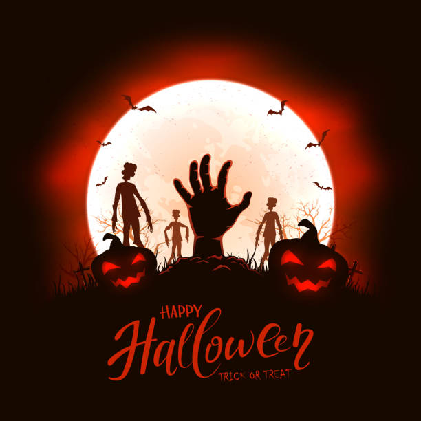 istock Red Halloween Background with Zombie Hand and Pumpkins 1257195419