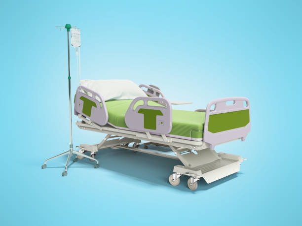istock Concept green hospital bed semi automatic with remote control and drip on tripod 3d render on blue background with shadow 1257195479