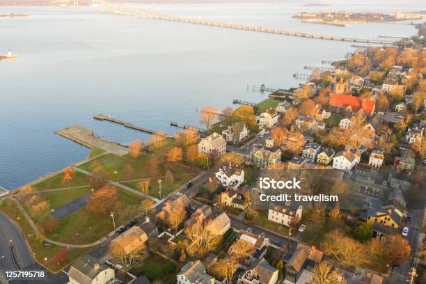 Drone Aerial View Of Newport Phode Island Old Tradition Building With Ocean And Yatch Port With Street Summer Season Stock Photo - Download Image Now