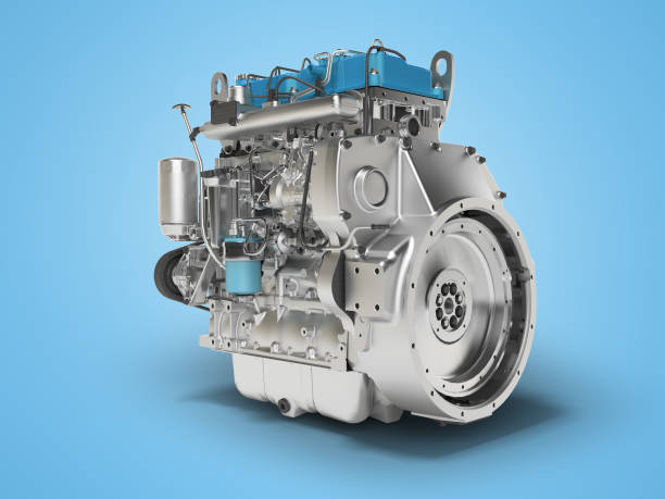 istock 3D rendering of blue diesel engine for car assembly on blue background with shadow 1257195771