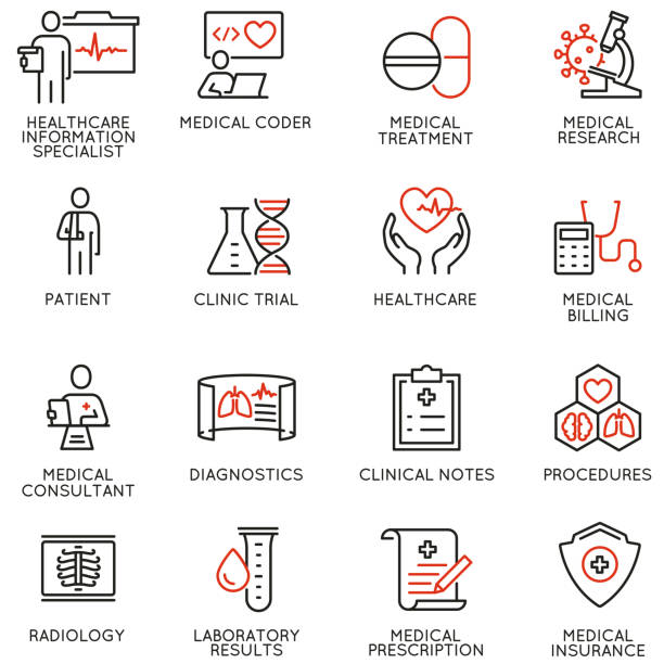 Vector Set of Linear Icons Related to Health Information Management, Clinical Coder. Mono Line Pictograms and Infographics Design Elements Vector Set of Linear Icons Related to Health Information Management, 
Clinical Coder. Mono Line Pictograms and Infographics Design Elements medical research stock illustrations
