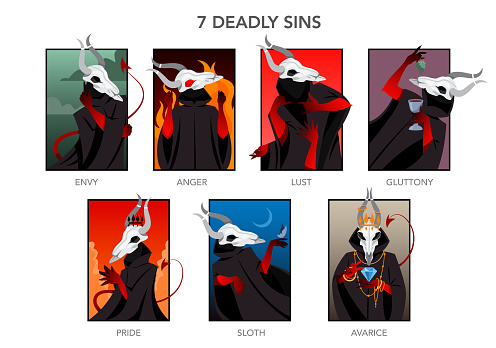 Seven deadly sins set. Christian bible character. Anger, envy, lust and glottony. Pride, sloth and avarice. Vector illustration.