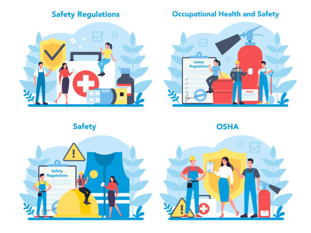 OSHA concept set. Occupational safety and health administration. OSHA concept set. Occupational safety and health administration. Government public service protecting worker from health and safety hazards on the job. Isolated flat vector illustration occupational safety and health stock illustrations