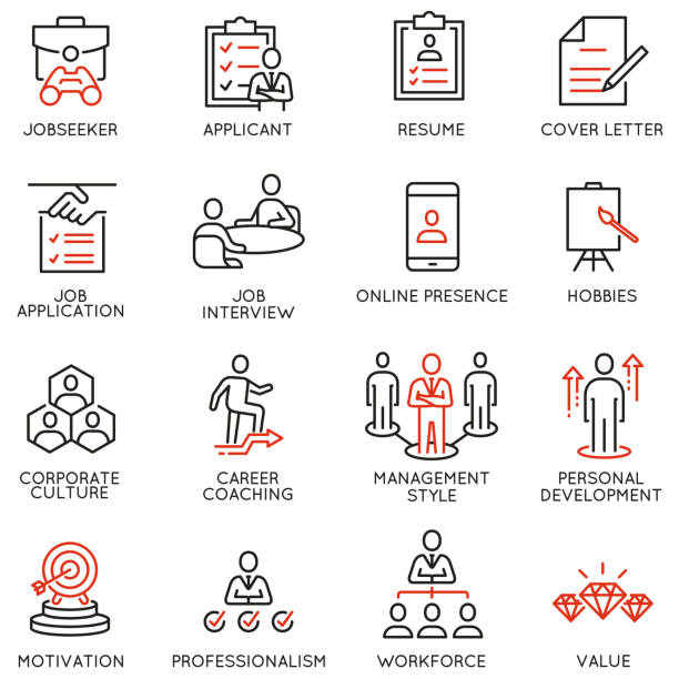 ilustrações de stock, clip art, desenhos animados e ícones de vector set of linear icons related to recruitment, career progress and personal development. mono line pictograms and infographics design elements - human resources job search skill teaching