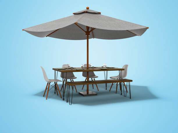 istock White umbrella for restaurant on central support with table 3D render on blue background with shadow 1257197209