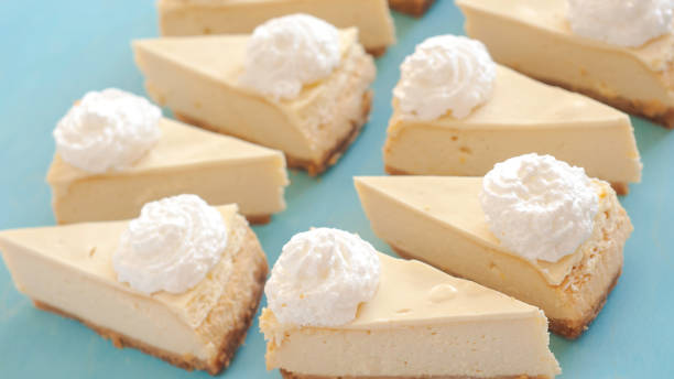 istock cheesecake pattern, servings of cheesecake on a blue background top view 1257197634